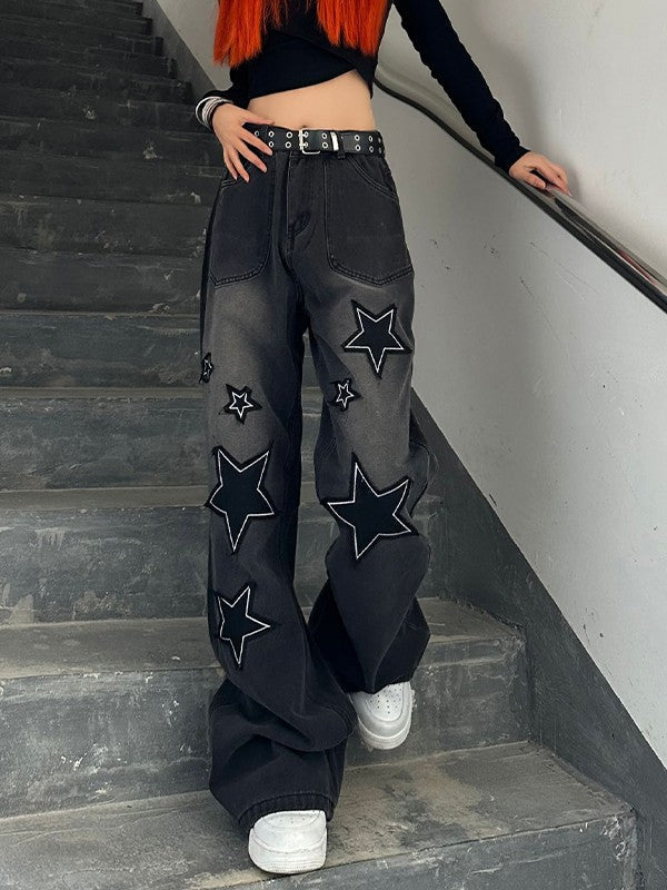 Jean Boyfriend Baggy Foncé Y2K Star Patch