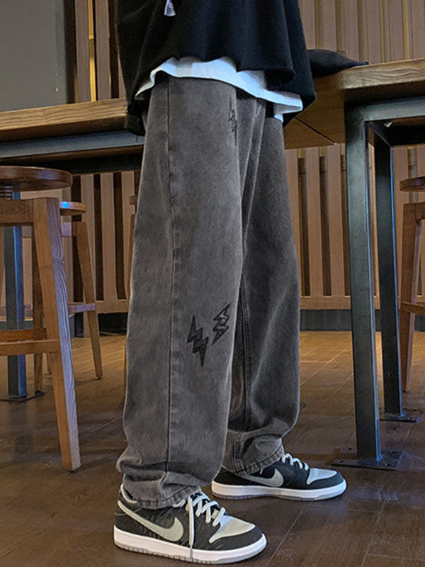 Men Hip Hop Lightning Embroidered Straight Boyfriend Jeans