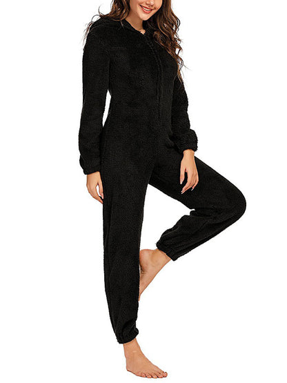 Solid Color Zip Up Fleece Lounge Jumpsuit