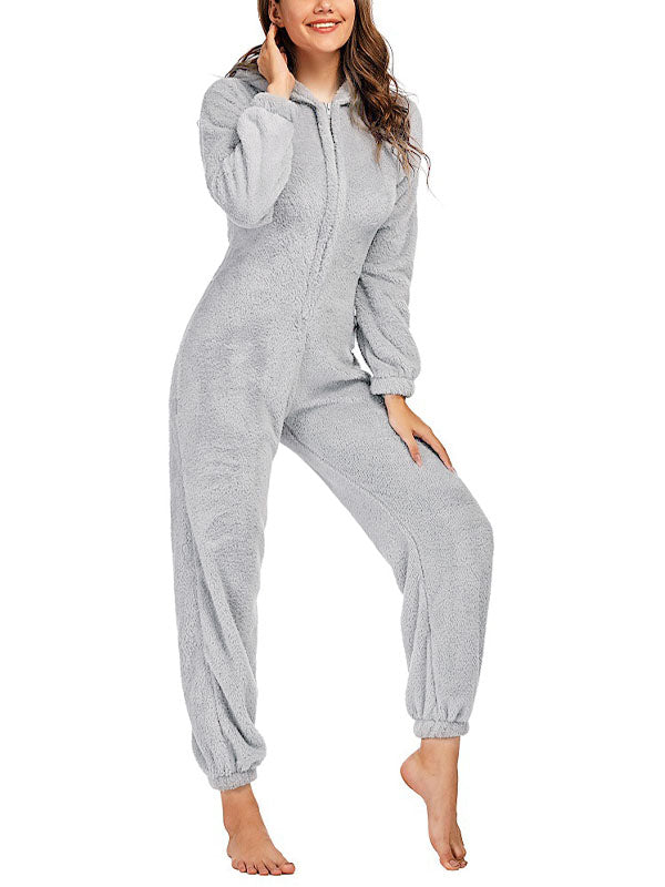 Solid Color Zip Up Fleece Lounge Jumpsuit