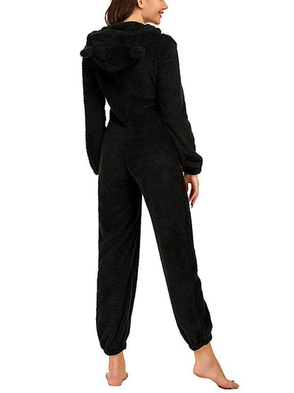 Solid Color Zip Up Fleece Lounge Jumpsuit