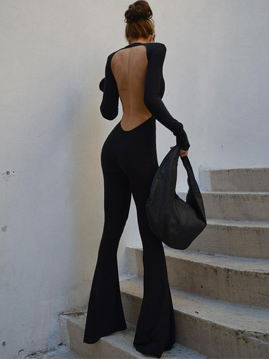 JY Zwarte vintage backless jumpsuit met lange mouwen en uitlopende pijpen