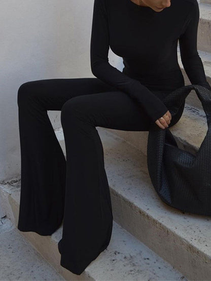 Black Vintage Backless Long Sleeve Flare Leg Jumpsuit