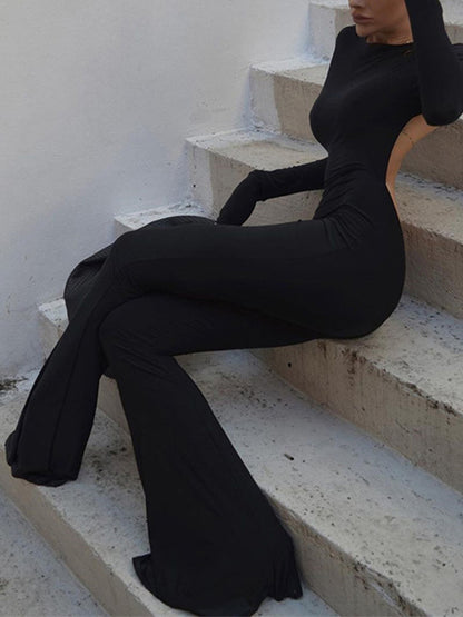 Black Vintage Backless Long Sleeve Flare Leg Jumpsuit