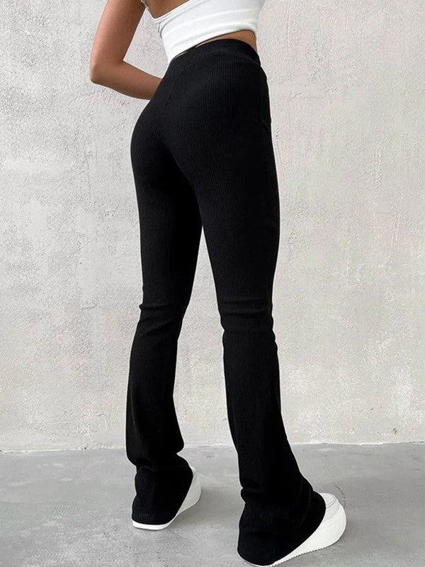 Black Y2k Stretchy Ribbed Flare Leg Pants