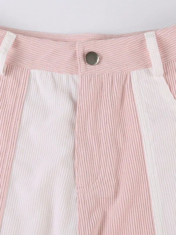 Pantalon cargo en velours côtelé rose rétro patchwork