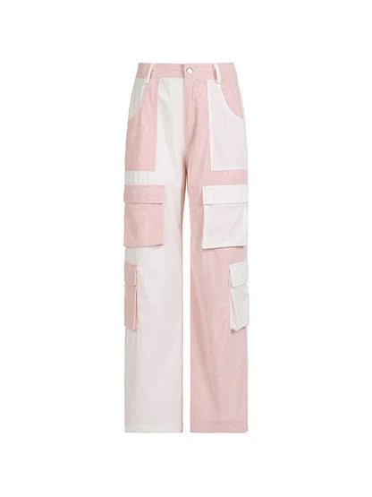 Pantalon cargo en velours côtelé rose rétro patchwork