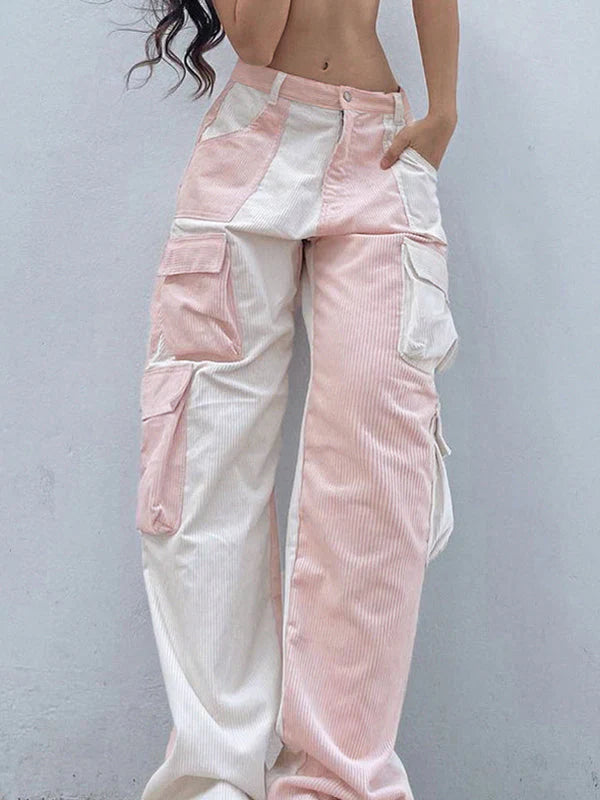 Pantalon cargo en velours côtelé rose rétro patchwork