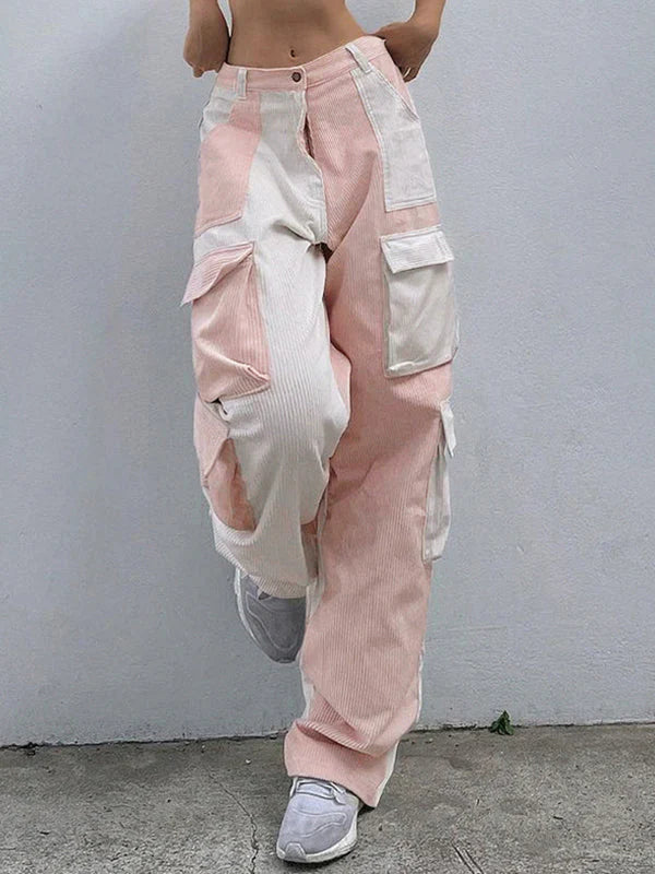 Pantalon cargo en velours côtelé rose rétro patchwork