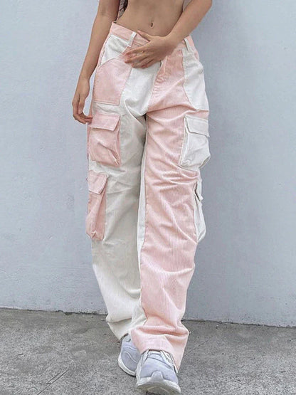 Pantalon cargo en velours côtelé rose rétro patchwork