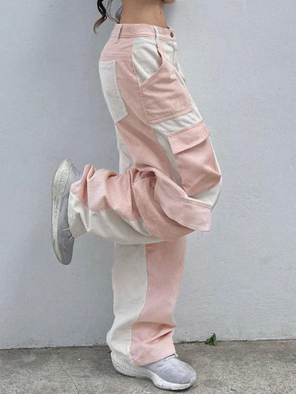 Pantalon cargo en velours côtelé rose rétro patchwork