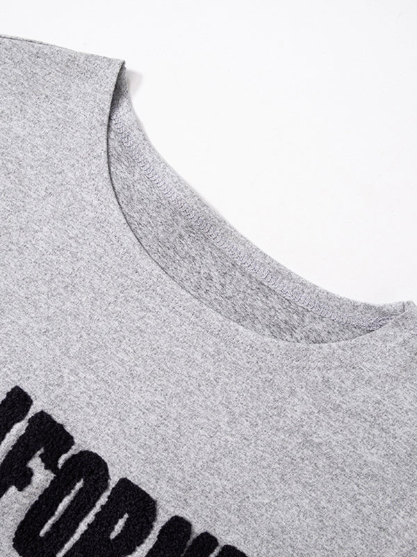 JY Grijs vintage T-shirt met korte mouwen en alfabetborduurwerk