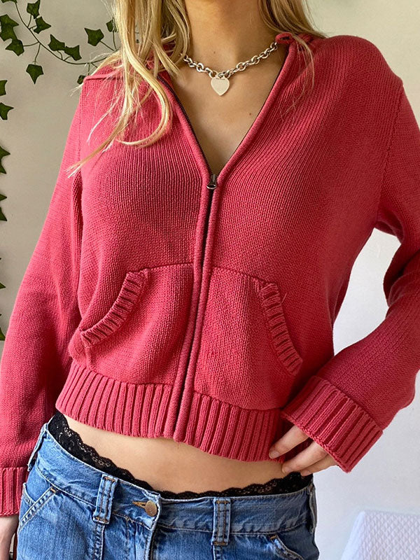 2000's Solid Color Hooded Crop Knit Cardigan