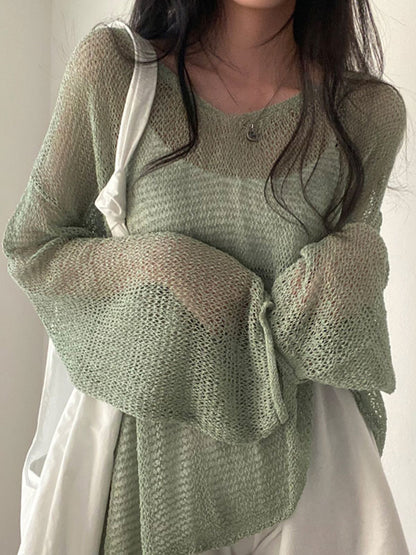 Green Vintage Oversized Long Sleeve Crochet Knit Top