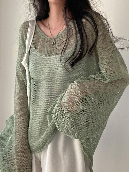 Haut en tricot au crochet surdimensionné vert vintage à manches longues