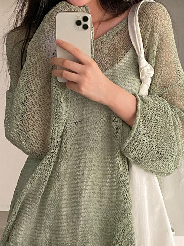 Green Vintage Oversized Long Sleeve Crochet Knit Top