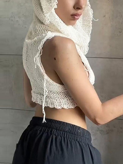 Débardeur court en tricot au crochet punk avec capuche