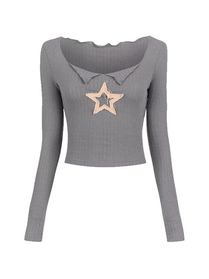 Grijze Y2K gebreide crop top met lange mouwen en sterpatch