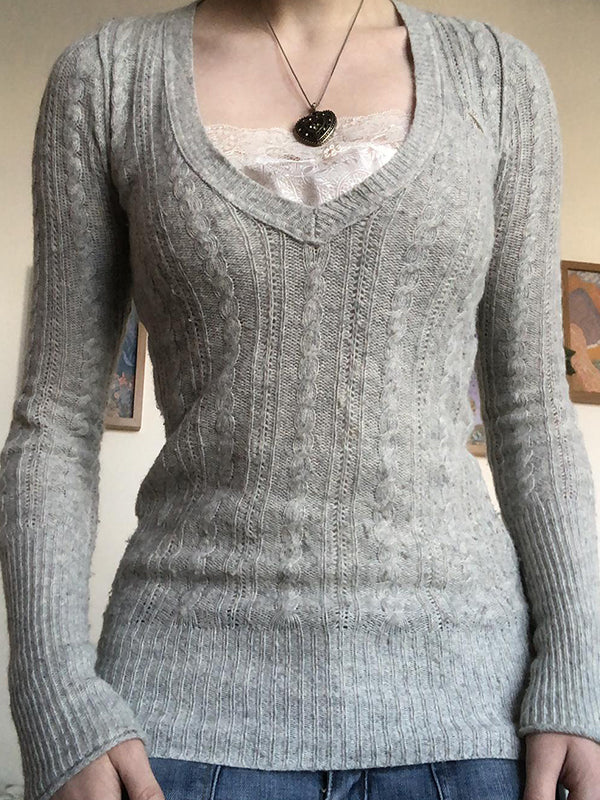 Vintage V Neck Lace Patchwork Cable Knit Top