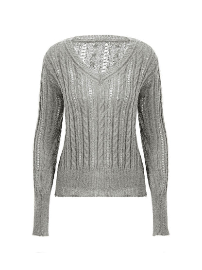 Vintage V Neck Lace Patchwork Cable Knit Top