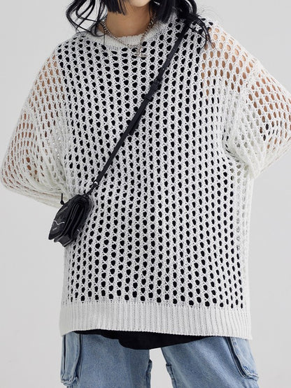 Solid Color Y2k Oversized Crochet Open Knit Top