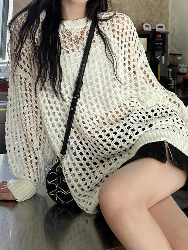 Solid Color Y2k Oversized Crochet Open Knit Top