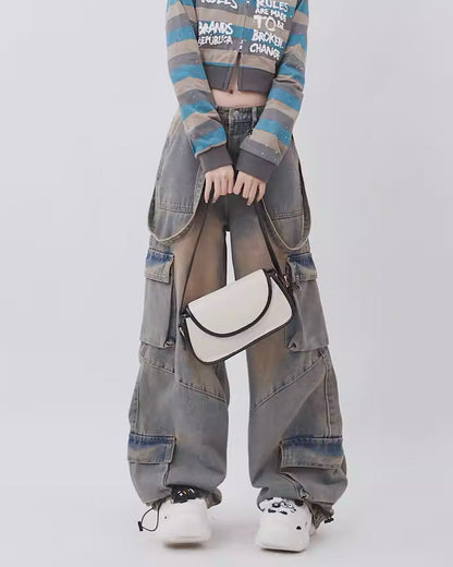 Gray Mud Like Washed Suspender Design Denim Jeans