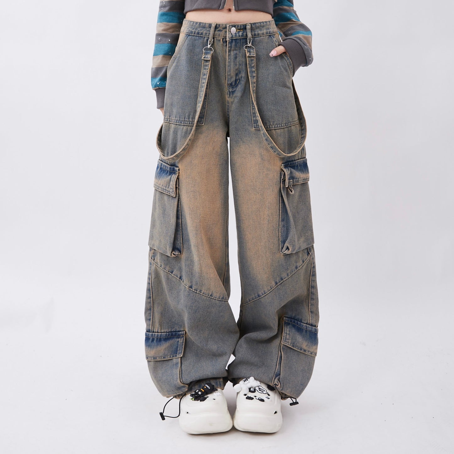 Gray Mud Like Washed Suspender Design Denim Jeans