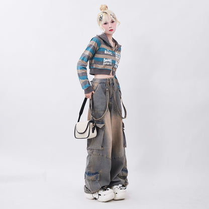 Gray Mud Like Washed Suspender Design Denim Jeans