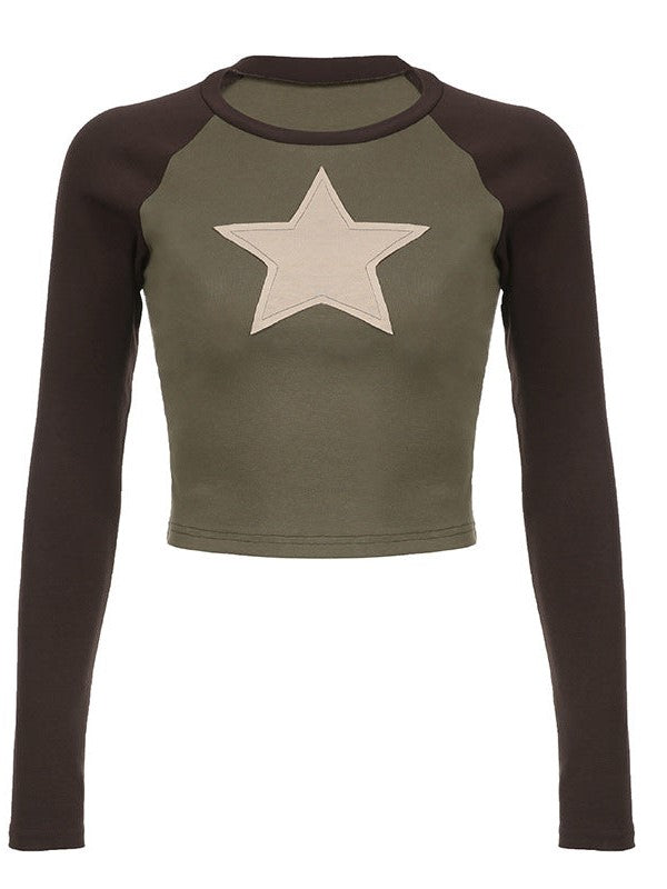 Contrasterende kleur Y2K Raglanmouwen Star Patch gebreide crop top