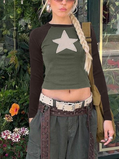 Contrasterende kleur Y2K Raglanmouwen Star Patch gebreide crop top