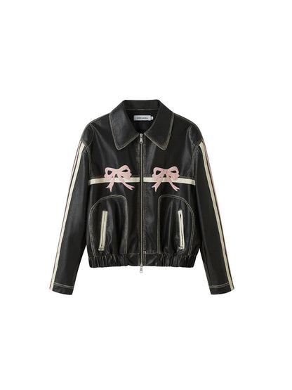 Y2K Bowknot Zip Up Leather Jacket