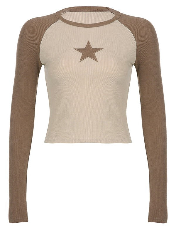 Contrasterende kleur Y2K Raglanmouwen Star Patch gebreide crop top