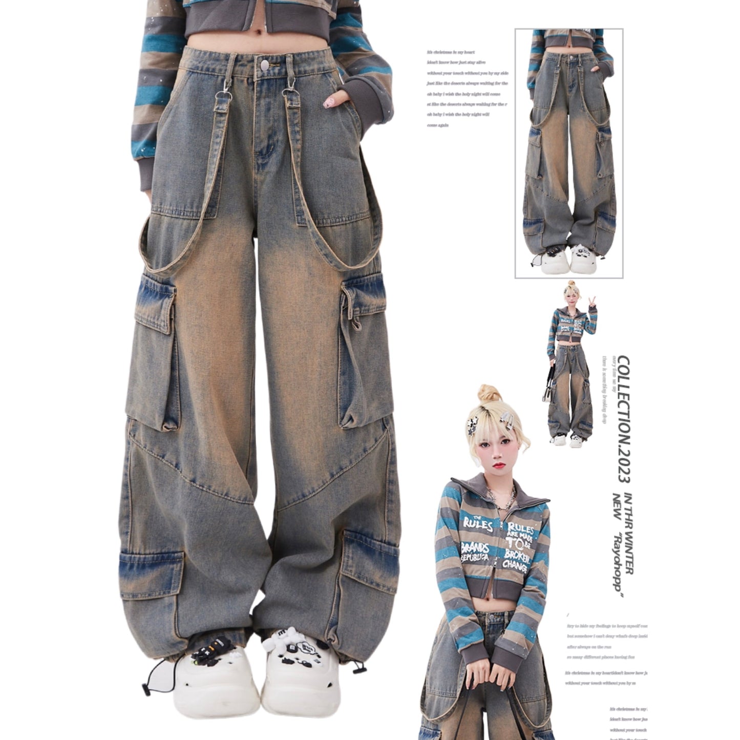 Gray Mud Like Washed Suspender Design Denim Jeans