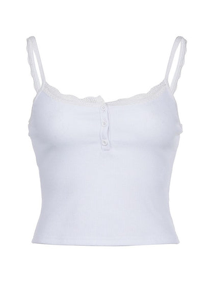 Geribbelde crop cami-top met kanten rand en knoopsluiting