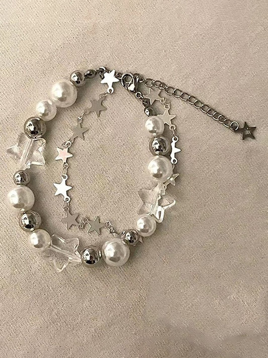 Vintage Faux Pearl Star Dubbellaagse Charm Armband