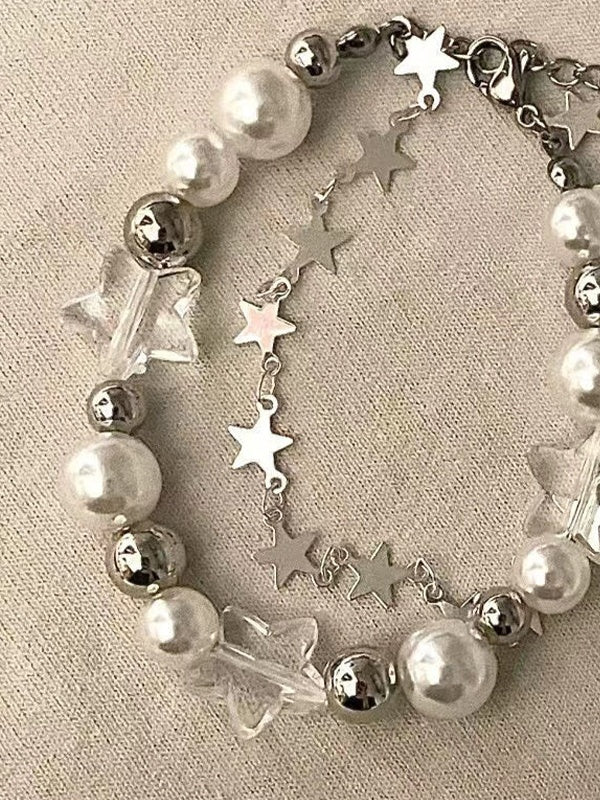 Vintage Faux Pearl Star Dubbellaagse Charm Armband