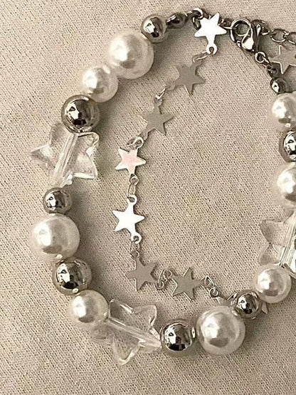 Vintage Faux Pearl Star Double Layered Charm Bracelet