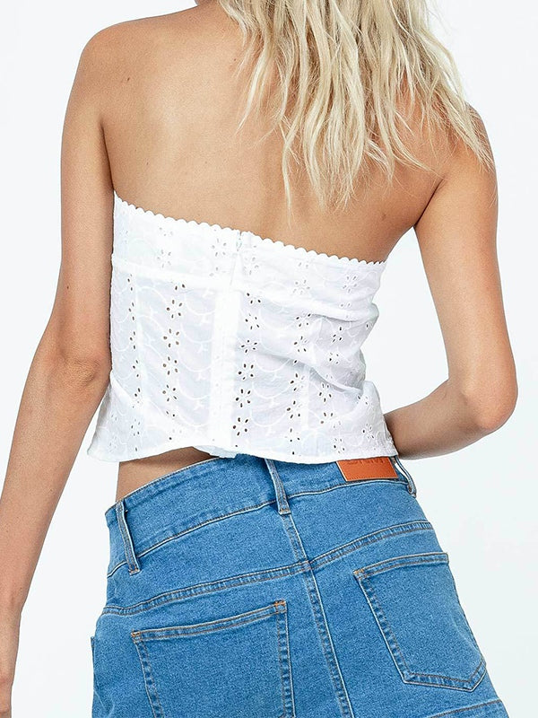 White Vintage Embroidered Cutout Bandeau Tops