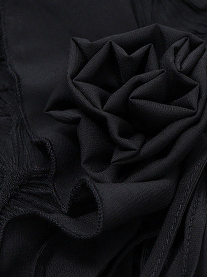 Black Vintage Tie Front Ruffles Flower Trim Long Sleeves Blouse