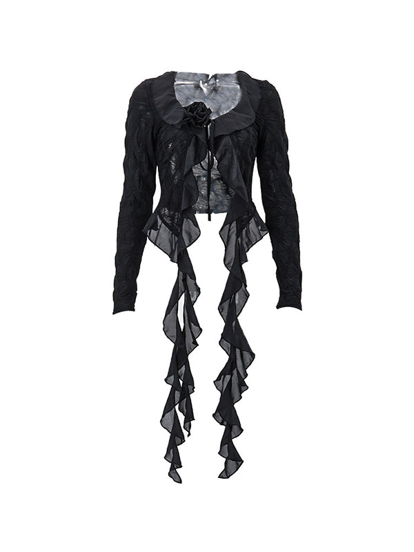 Black Vintage Tie Front Ruffles Flower Trim Long Sleeves Blouse