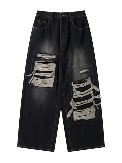 Pantalon en jean large unisexe avec faux trous et dommages des années 2000