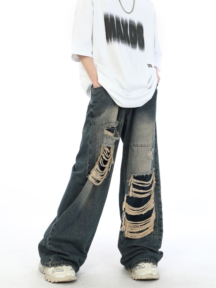 2000s Fake Hole Damage Wide Denim Broek Unisex