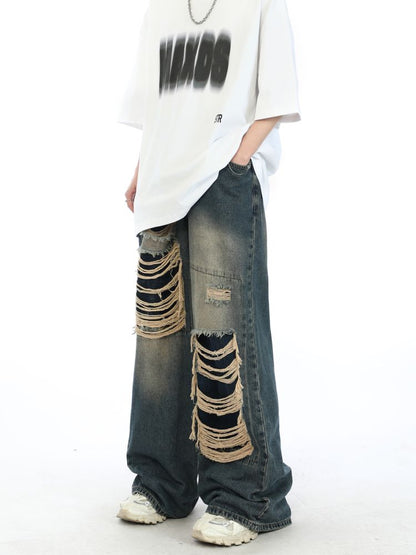 2000s Fake Hole Damage Wide Denim Broek Unisex