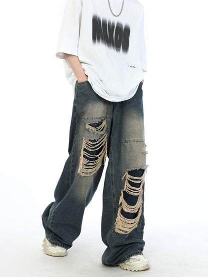 2000s Fake Hole Damage Wide Denim Broek Unisex