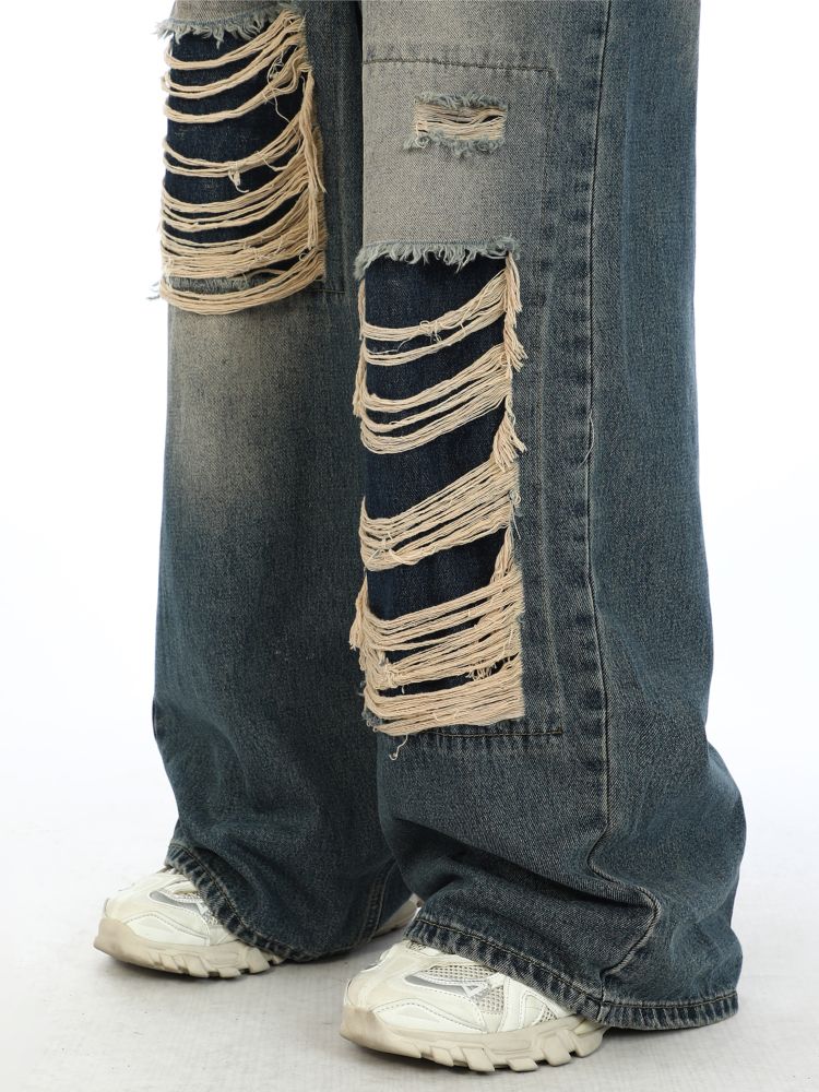 2000s Fake Hole Damage Wide Denim Broek Unisex