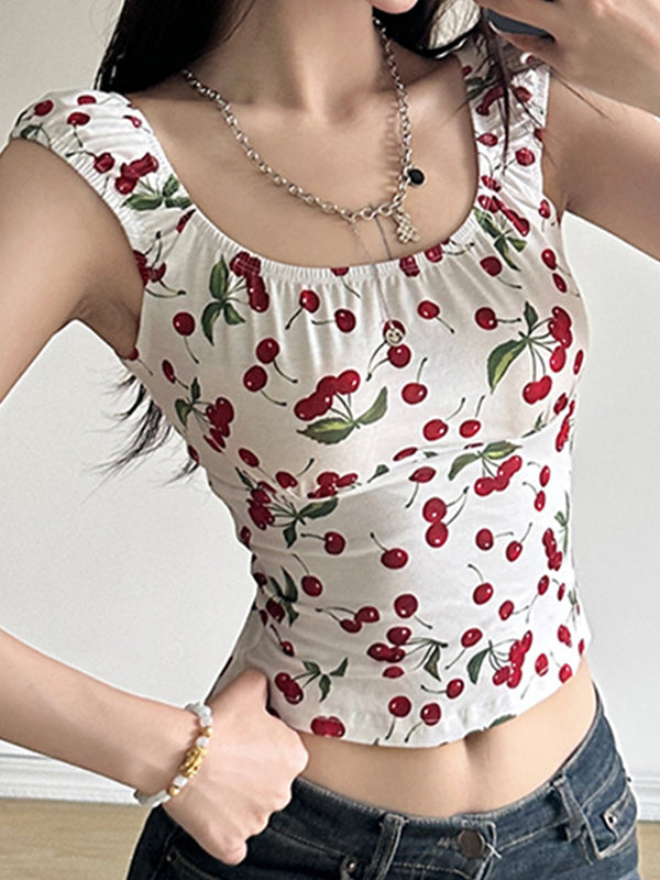 JY Sweet Emerald Flower Back Hollow Print Top met korte mouwen