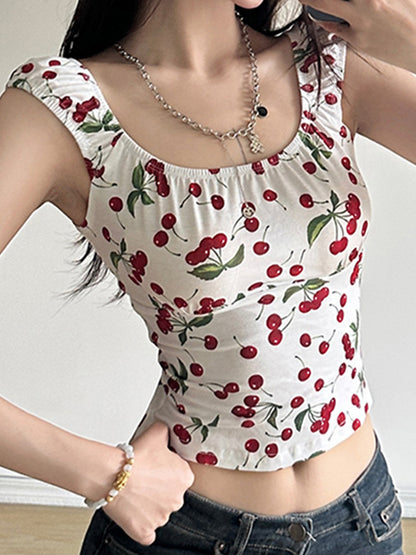 Cherry Print Back Hollow Print Short Sleeve Top