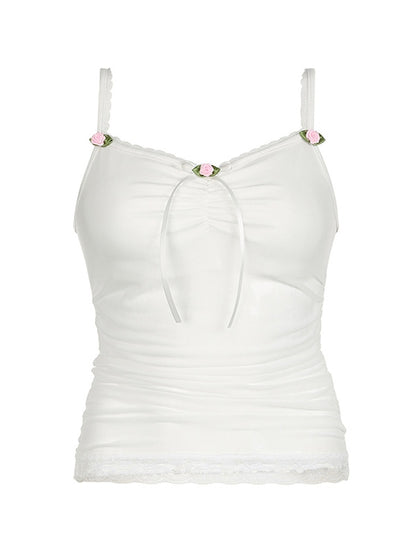 Witte vintage kanten patchwork geplooide cami-top