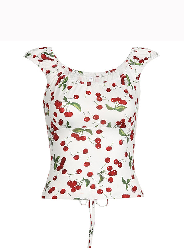 Cherry Print Back Hollow Print Short Sleeve Top